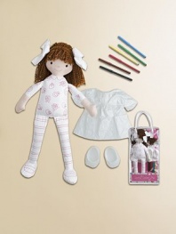 With this fun, portable kit, kids can color Carla's body, dress and shoes as they choose, then wipe it all off and do it again. 16 doll with yarn hair, removable dress, shoes and 6 markers Includes a clear carry tote Tyvek with polyfill Imported Recommended for ages 3 and up