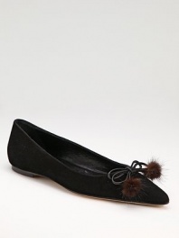 An elegant silhouette of rich Italian suede, punctuated by a mink fur pom-pom bow.Heel, ¼ (5mm) Pointed toe Leather lining and sole Padded insole Made in Italy Fur origin: China