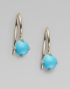 A single drop of sleeping beauty turquoise in a 14K gold setting.Sleeping beauty turquoise 14K gold Width, about 4mm, (.15) French earwires Made in USA 