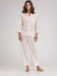Classic sleepshirt and pant set is inspired by his favorites, but tailored just for you in always comfortable, pure cotton. Button front Chest patch pocket Drawstring waist Inseam, about 26 Machine wash Imported