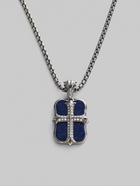 An original design pairs two sterling silver pendants on a single strand. The cross pendant is crafted with pavé diamond detail, and the larger features smooth lapis inlay. Sterling silver Pavé diamonds Lapis Pendant: 1 long Necklace: 24 long Lobster clasp closure Imported 