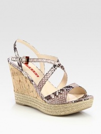 EXCLUSIVELY AT SAKS. Python-stamped criss-cross style with cork wedge and espadrille detail. Cork and hemp-covered wedge, 4 (100mm)Cork and hemp-covered platform, 1 (25mm)Compares to a 3 heel (75mm)Python-stamped leather upperLeather liningRubber solePadded insoleImportedOUR FIT MODEL RECOMMENDS ordering one half size up as this style runs small. 