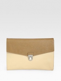 A slim design crafted in textured two-tone saffiano leather.Flap, buckle closureInterior pocket14W x 10HMade in Italy