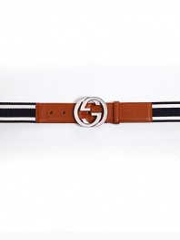 Signature web belt with leather trim and interlocking G buckle.Blue/off-white/blue web detailAbout 1½ wideMade in Italy
