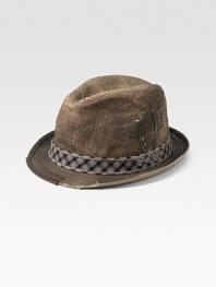 A natural jute trilby hat with check trim and an embroidered logo. Check trimJuteHand washImported