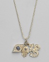Three traditional protective amulets - the hamsa, the evil eye and the sacred om - dazzle in pavé diamonds with sapphire accents as they dangle from a 14k yellow gold ball chain. Diamonds, 0.38 tcw Blue sapphires 14k yellow gold Chain length, about 16 Pendants, about ¾L X ¾W each Lobster clasp Imported