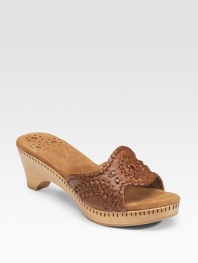 Woven leather slide inspired from classic Native American craftsmanship.Stacked wooden heel, 2¼ (60mm)Stacked wooden platform, ¾ (20mm)Compares to a 1½ heel (40mm)Leather upperSuede liningLeather solePadded insoleImportedOUR FIT MODEL RECOMMENDS ordering true size.. 
