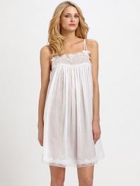 Fine embroidered details and allover pleats are romantic touches on this lady-like gown in super-soft cotton. Double thin spaghetti strapsSemi-sheer embroidered square necklineAllover pleatsEmbroidered hemAbout 36 from shoulder to hemCottonMachine washImported