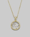 The DY initials, spelled out in diamonds, perched within a cable hoop of 18k gold, on a graceful gold chain. Diamonds, 0.03 tcw 18k yellow gold Adjustable chain length, about 17 Pendant diameter, about ½ Lobster clasp Imported