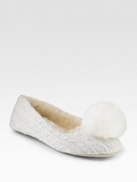 Pristine cabled cotton is adorned with glitter and a soft, pompom at the toe.Round toe Suede sole Imported