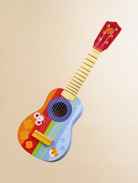 A wonderful child's guitar is brightly painted and the perfect size for small fingers. An easy, fun way to develop a child's hand-eye coordination and nurture an interest in music and the arts. Brass frets, metal machine heads Recommended for ages three and up 1½ pounds 7W X 21H X 2½D Imported