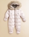 Keep your snow bunny warm in this quilted, weather-resistant design, finished with a faux fur-trimmed hood. Hood with checked lining Detachable fur trim Front zip closure Long sleeves with mittens Front slash snap pockets Attached booties Polyester fill Polyester Machine wash ImportedPlease note: Number of buttons/snaps may vary by size ordered. 