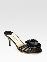 EXCLUSIVELY AT SAKS. Strappy patent leather look with a kitten heel and oversized flower embellishment. Self-covered heel, 3 (75mm)Patent leather upperLeather lining and solePadded insoleMade in ItalyOUR FIT MODEL RECOMMENDS ordering one half size up as this style runs small. 