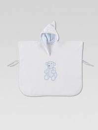 A hooded bath towel for baby with front teddy bear pouch and side ties for the ultimate snuggling.Attached hood with mini GG print liningSide tiesMatching storage bag91% cotton/9% polyamideMachine washImported