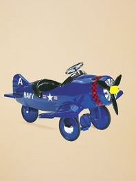 What little boy wouldn't love to play pilot in this vintage model painted brilliant blue with a checkered trim and bright yellow nose? All metal construction Padded seat Rubber-edged wheels Pedal operation 24H X 44W X 45D Imported Recommended for ages 3-5