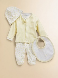 Four-piece gift set includes one gingham snap front jacket with embroidery, allover printed footie with snaps down front, allover printed hat and bib with embroidery and gingham trim. Cotton; machine wash Imported