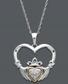 Embrace your Irish heritage. This symbolic pendant features an intricate Claddagh design crafted from sterling silver with 14k gold and sparkling diamond accents. Approximate length: 18 inches. Approximate drop: 1 inch.