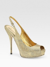 Open-toe platform design in lustrous metallic python with an adjustable slingback strap. Self-covered heel, 5½ (140mm)Covered platform, 1 (25mm)Compares to a 4½ heel (115mm)Metallic python upperLeather liningBuffed leather solePadded insoleMade in ItalyOUR FIT MODEL RECOMMENDS ordering true size. 