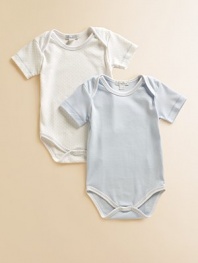Comfy baby basics in soft cotton knit, offering one dot and one solid design.Envelope shoulders for easy on and off Short sleeves Snap bottom Cotton; machine wash Imported