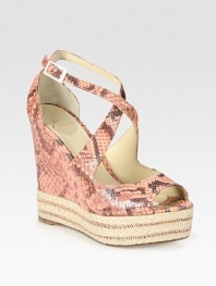 EXCLUSIVELY AT SAKS in Brown. Captivating snake-print leather wedge with a braided hemp platform and an adjustable ankle strap. Snake-print and hemp wedge, 5½ (140mm)Hemp platform, 1½ (40mm)Compares to a 4 heel (100mm)Snake-print leather upperLeather lining and solePadded insoleImportedOUR FIT MODEL RECOMMENDS ordering true size. 