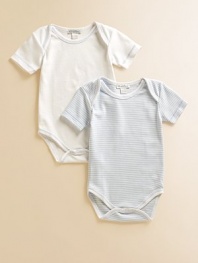 Comfy baby basics in soft cotton knit, offering one striped and one solid design.Envelope shoulders for easy on and off Short sleeves Snap bottom Cotton; machine wash Imported