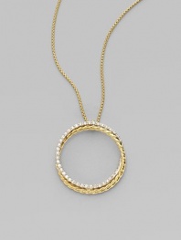 From the Crossover Collection. 18k yellow and white gold circle pendant with pavé diamonds and box chain necklace. Diamond accents, 0.39 tcw Lobster claw clasp 17 long Imported