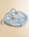 Place your baby among the clouds on this playmat with an appliquéd bear, mirrored sun and more. Encourages early motor, sensory, social, emotional and independent play Puffy cloud and kid appliqués Four dangling toys including ball, bird and rabbit in airplane Plush pillows at edges included 17½HX 31WX 1½D Machine wash Imported