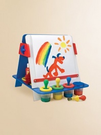 Double-sided easel has chalkboard on one side and wipe-off board on the other. Simple, modern design assembles easily with no tools, no hinges and no small parts. Includes 12 X 100' paper roll, 4 non-spill paint cups, 4 easy-grip brushes and removable storage tray in the base. Suitable for age 3 and up Easy assembly 14½W X 16H X 19½D Imported