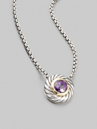 From the Color Classic Collection. A swirled sterling silver cookie pendant, with a faceted center of radiant amethyst, on a bold box chain. Amethyst Sterling silver Chain length, about 16 Lobster clasp Imported