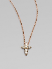 A petite cross that sparkles with diamonds in 18k rose gold on a chain link necklace. Diamonds, .11 tcw18k goldLength, about 16 to 18 adjustablePendant size, about ¼ Lobster clasp closureMade in Italy