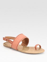 Casual-cool leather flat with an adjustable slingback and unexpected toe ring. Leather upperLeather liningWooden solePadded insoleImportedOUR FIT MODEL RECOMMENDS ordering true size. 