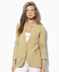 A sleek two-button jacket is rendered in a soft blend of silk and linen, creating a chic layering piece from Lauren by Ralph Lauren.