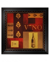 Salute! An homage to wine in rich shades of chestnut, burgundy and gold, this handsome art print feels right at home in the kitchen or dining room. Framed in dark wood with a scroll motif echoing the design.