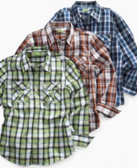 Prep his school style with this cool and comfortable 82Zero plaid shirt from Greendog.