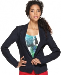 Calvin Klein Jeans puts a decidedly cool spin on a classic blazer by rendering it in dark denim!