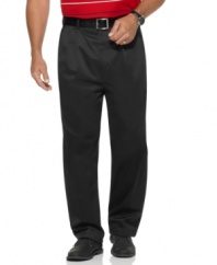 Maintain a crisp, clean look all day with this wrinkle resistant cotton pant. With a classic stylings that complement your button-down or polo perfectly, it includes a double pleat front and a generous leg. Offseam side pockets, back besom pockets.
