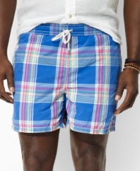 A classic-fitting swim boxer is crafted in a quick-drying cotton-nylon blend with a bright plaid pattern for a preppy look.
