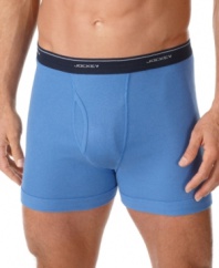 Topping the A-list of comfort, this boxer brief represents the perfect union between your favorite boxers and reliable briefs. With just the right amount of support and tons of cotton comfort you can't go wrong with this pick. Same coverage as a brief with legs extending to the top of the thigh like a boxer. Vertical fly and signature logo waistband provide the best in functional style. Available in larger sizes for the big guy of the family. Classic and refined, fill your drawers with this must-have basic.