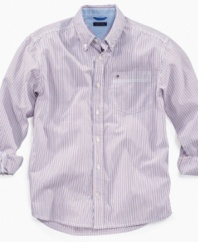 Subtle stripes and a soft color on this Tommy Hilfiger shirt are perfect for showing off his sensitive side
