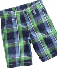 Playful in plaid. Get him ready for the day in these stylish and comfortable flat-front shorts from Nautica.
