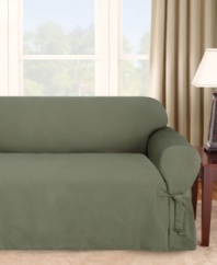 Featuring a narrow pinstripe weave in solid hues, Sure Fit's Logan loveseat slipcover gives your furniture a bold new look. Subtle textured detail and decorative ties add to this slipcover's classic appeal. One piece.