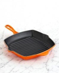 Enjoy rustic outdoor flavor right on your stovetop. Le Creuset's heavyweight, cast iron grill pan features high ridges, lifting food above collected fat for healthier cooking while creating signature grill marks to give meat and veggies that appetizing appearance. Limited lifetime warranty.