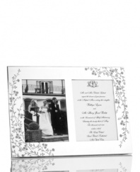 Etched with cascading florals, the silver-plated Trousseau double invitation frame from Martha Stewart Collection presents wedding photos and other sentimental items with fresh elegance. With velvet backing.
