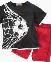 Game on! He'll be ready to play all day in this comfy shirt and short set from Kids Headquarters.