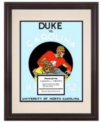 A classic Carolina rivalry came to a head in 1932 with a big 7-0 win by the Blue Devils. Get fired up for today's match-ups with the game's restored Carolina-blue program cover. With a cherry-finished frame and cream and black mat.