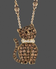Friendly or fierce, asks Le Vian. This curious cat dangles proudly from a 14k gold chain and features all-over brilliant round-cut chocolate diamonds (7/8 ct. t.w.) with white diamond accents at collar. Approximate length: 18 inches. Approximate drop: 3/4 inch.