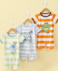 Animal instinct. Show off his love for cute critters in one of these sunsuits from First Impressions.