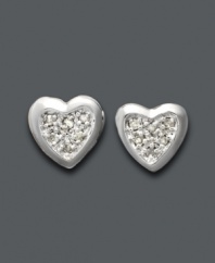 You simply can't go wrong with studs. These fun, flirty heart stud earrings feature a sleek sterling silver setting and round-cut pave diamond (1/10 ct. t.w.) Approximate size: 1/4 inch.