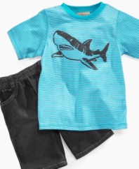 Take a bite out of style and comfort. He'll be ready for adventure on land or water in this cute t-shirt and denim short set from Kids Headquarters.