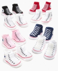 Check out those kicks! These faux high-top booties from Converse will start them styling early.
